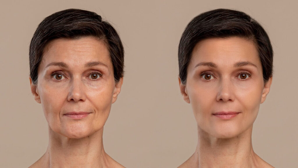 Female patient before and after facial volume restoration in the Cotswolds